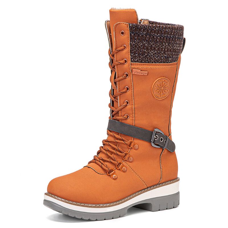 Kvinnor Retro Spänne Enstaka Färger Sidodragkedja Casual Stickad Sko Rör Mid-kalven Snow Boots