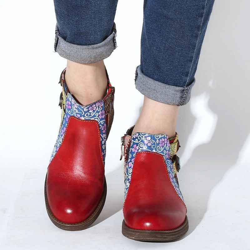 Läder Blommönster Halkfri Rund Tåblock Häl Dragkedja Chelsea Ankel Boots