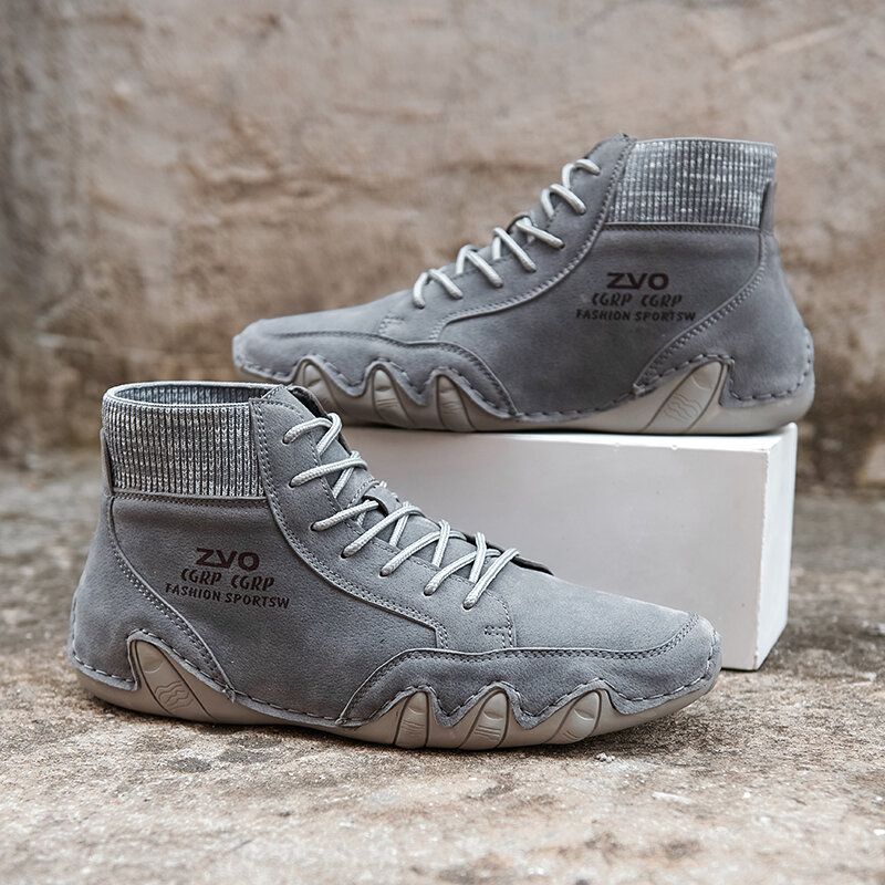 Män Handsömmar Grisskinn Läder Halksäker Casual Stickade Sock Boots