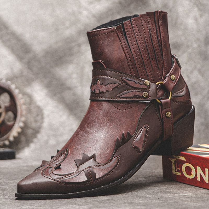 Män Läder Andas Mjuk Sula Retro Spetsiga Tå Bekväma Slip On Casual Knight Boots