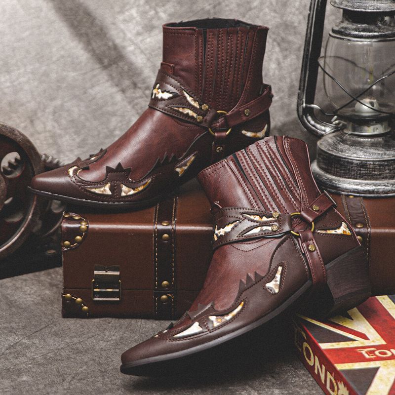 Män Läder Andas Mjuk Sula Retro Spetsiga Tå Bekväma Slip On Casual Knight Boots