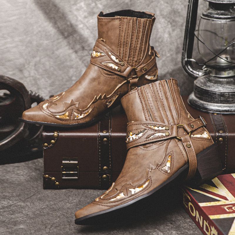 Män Läder Andas Mjuk Sula Retro Spetsiga Tå Bekväma Slip On Casual Knight Boots