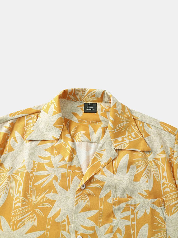 All Over Plant Print Revere Collar Holiday Kortärmade Skjortor För Män