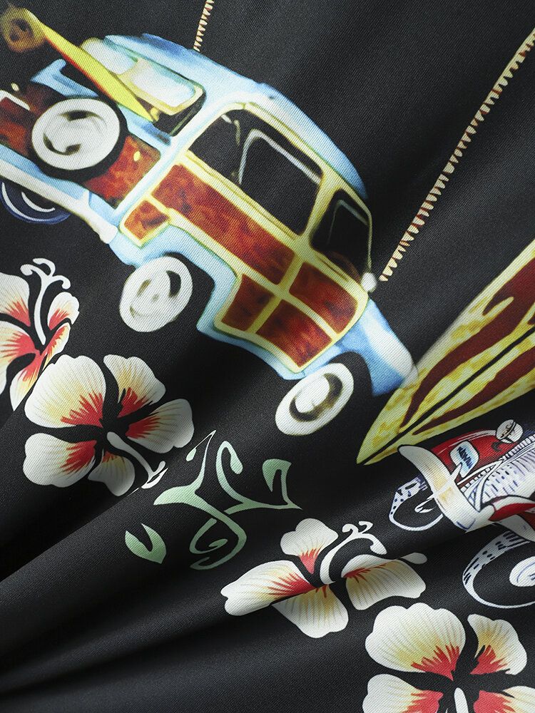 Coconut Tree Car Print Lapel Holiday Kortärmade Skjortor För Män
