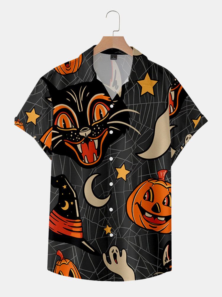 Halloween Pumpkin Full Printed Cat Kortärmad Casual Shirt För Män