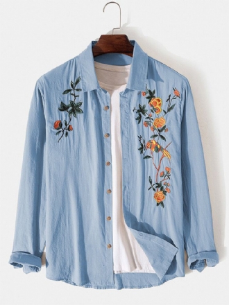 Herr 100% Bomull Broderiväxter Chinese Stlye Stroll Outwear Skjorta