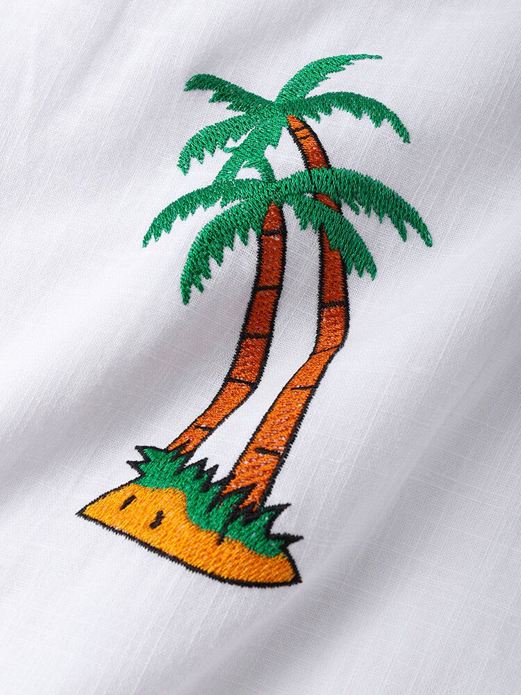 Herr 100% Bomull Coconut Tree Brodery Patchwork Revere Collar Shirt