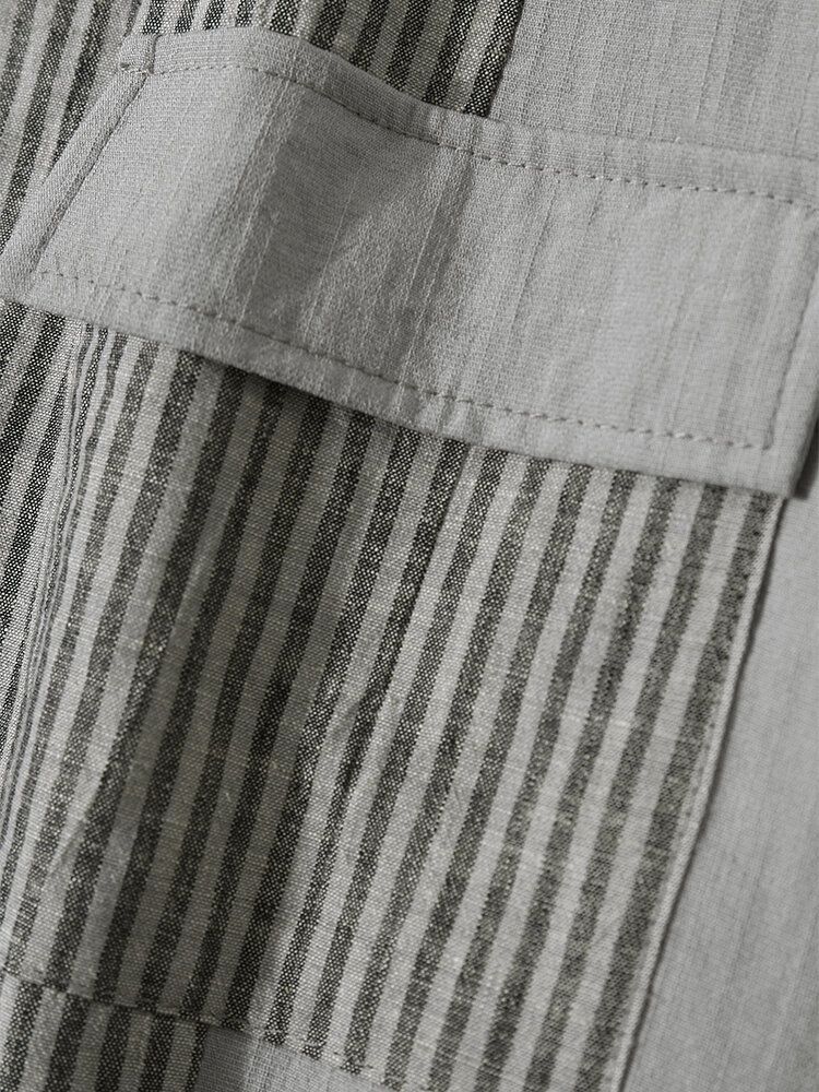 Herr 100% Bomull Randig Patchwork Flap Pocket Långärmade Skjortor