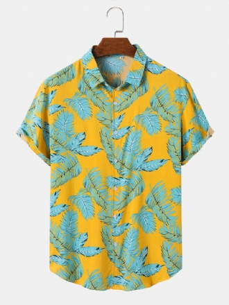 Herr All Over Leaf Print Button Up Holiday Kortärmade Skjortor