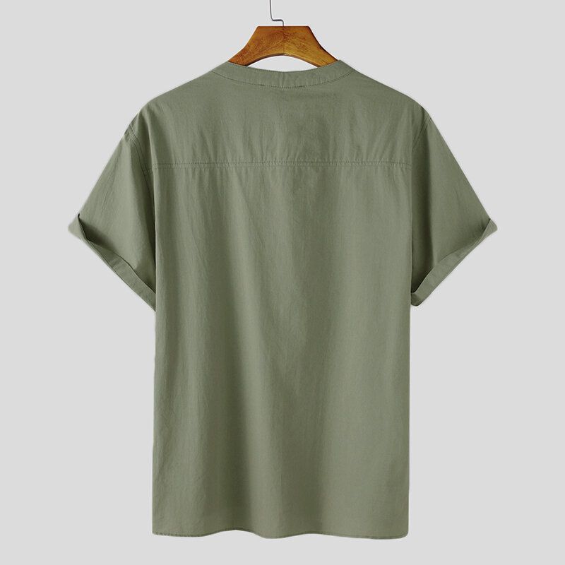 Herr Bomull Solid Button Stand Collar Fick Casual Shirts