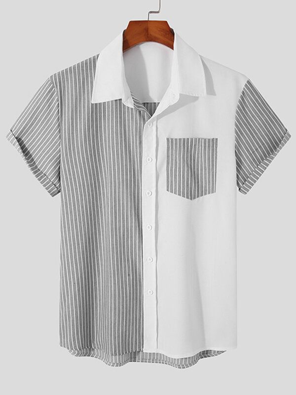 Herr Bomullsrandig Patchwork Kortärmad Fritids Sommarskjorta