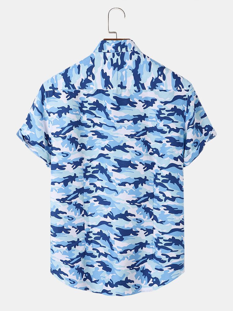 Herr Kamouflagemönster Lapel Button Up Hem Cuff Fritidsskjortor