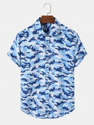 Herr Kamouflagemönster Lapel Button Up Hem Cuff Fritidsskjortor
