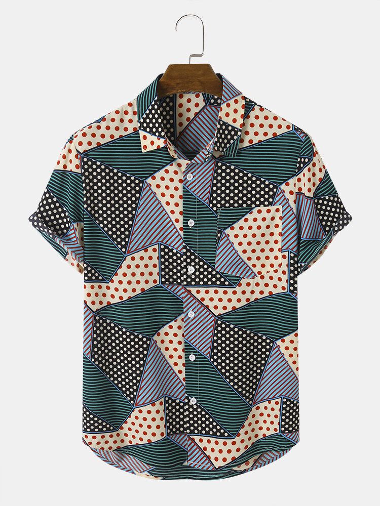 Herrblockrandiga Polkadottryck Kortärmade Semesterskjortor