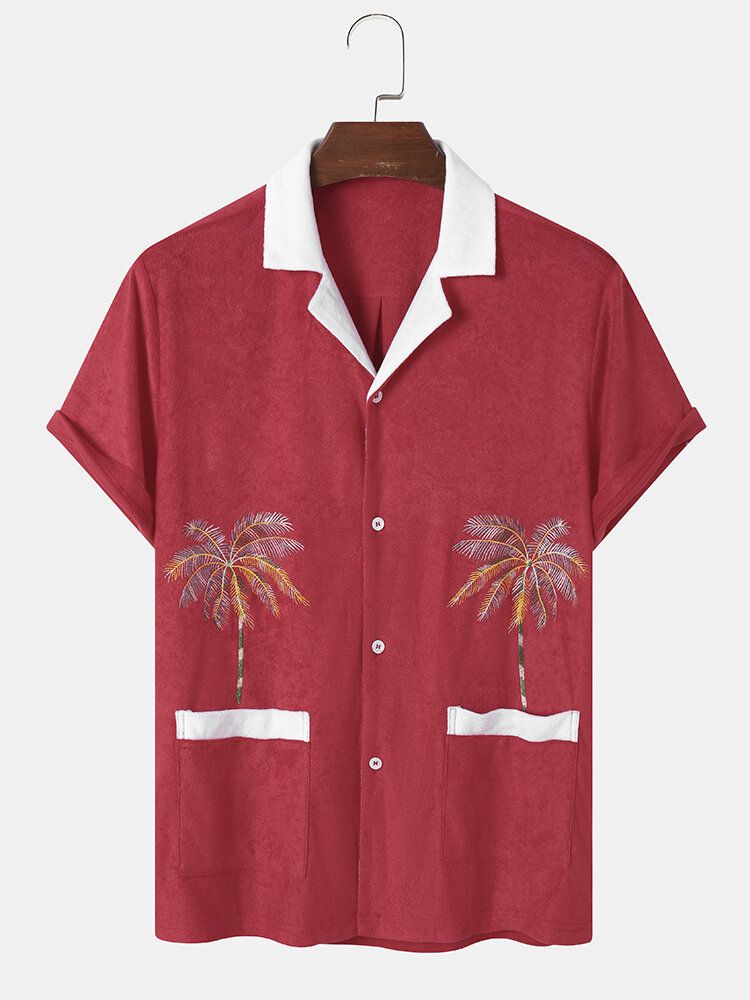 Herrhandduk Coconut Tree Print Double Pocketsrevere Collar Semesterskjortor