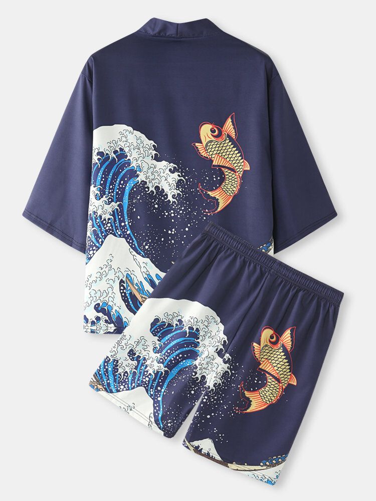 Japansk Kimono Wave Herr Koi Ukiyoe Back Print Tvådelad Outfits