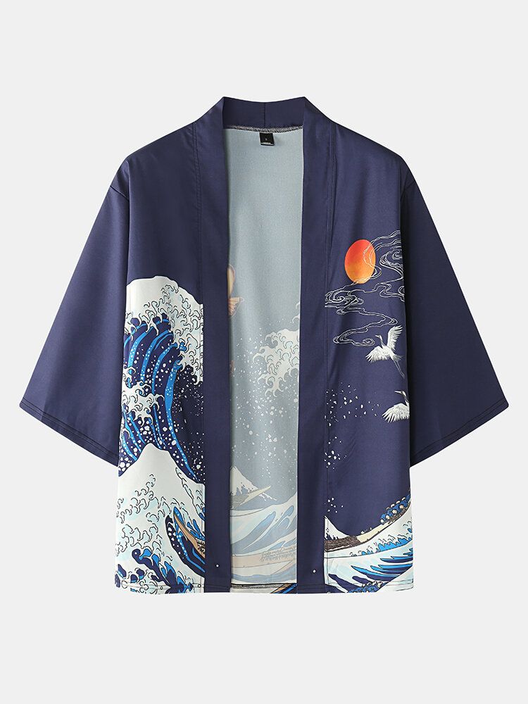 Japansk Kimono Wave Herr Koi Ukiyoe Back Print Tvådelad Outfits
