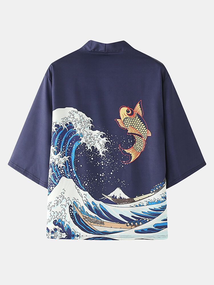 Japansk Kimono Wave Herr Koi Ukiyoe Back Print Tvådelad Outfits