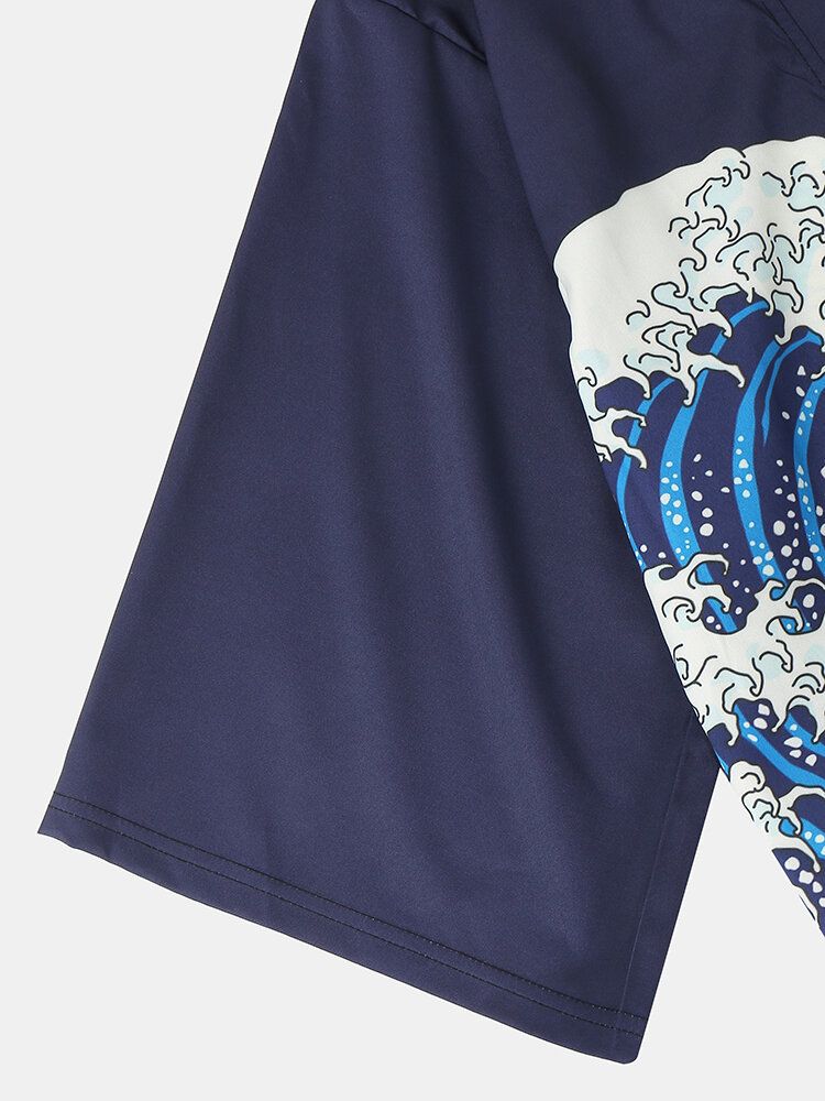 Japansk Kimono Wave Herr Koi Ukiyoe Back Print Tvådelad Outfits