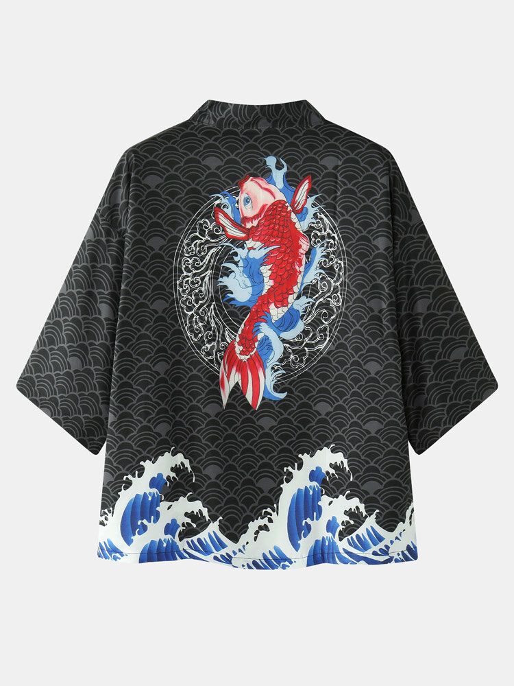 Kimono Herr Japansk Koi Vågtryck Öppen Framsida Tvådelade Outfits