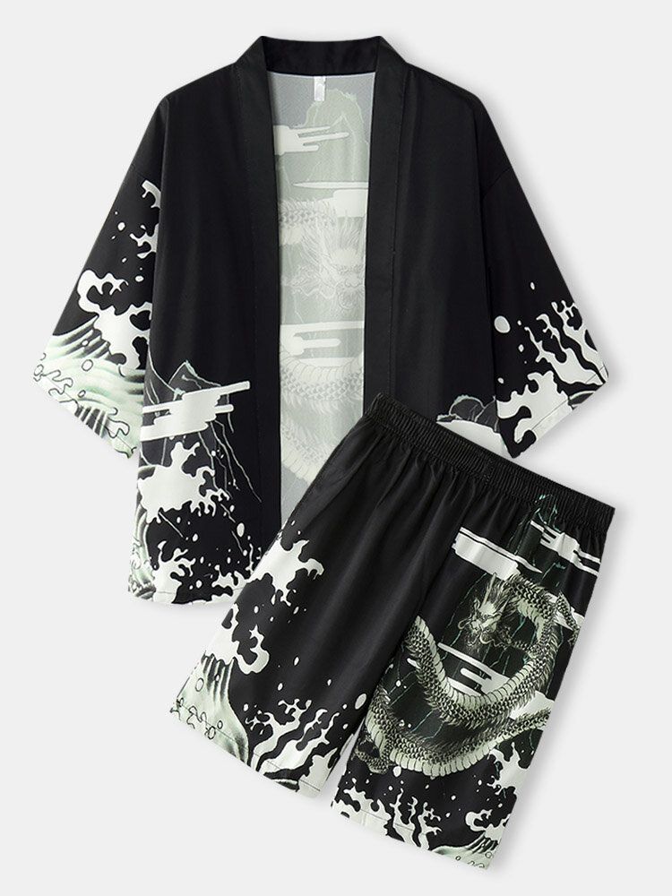 Kimono Loong Mönster Chinoiserie Dragon Tvådelad Outfits