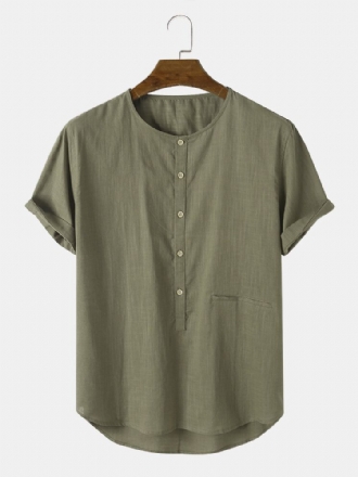 Män Bomull Solid Half Button Simple O Neck Pocket Lightly Shirts