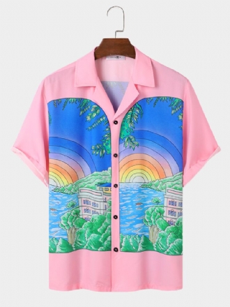 Män Cartoon Landscape Grafisk Camp Collar Holiday Kortärmade Skjortor
