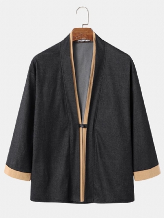 Män Faux Two Piece Patchwork Kimono Front Öppen Långärmad Casual Skjortor