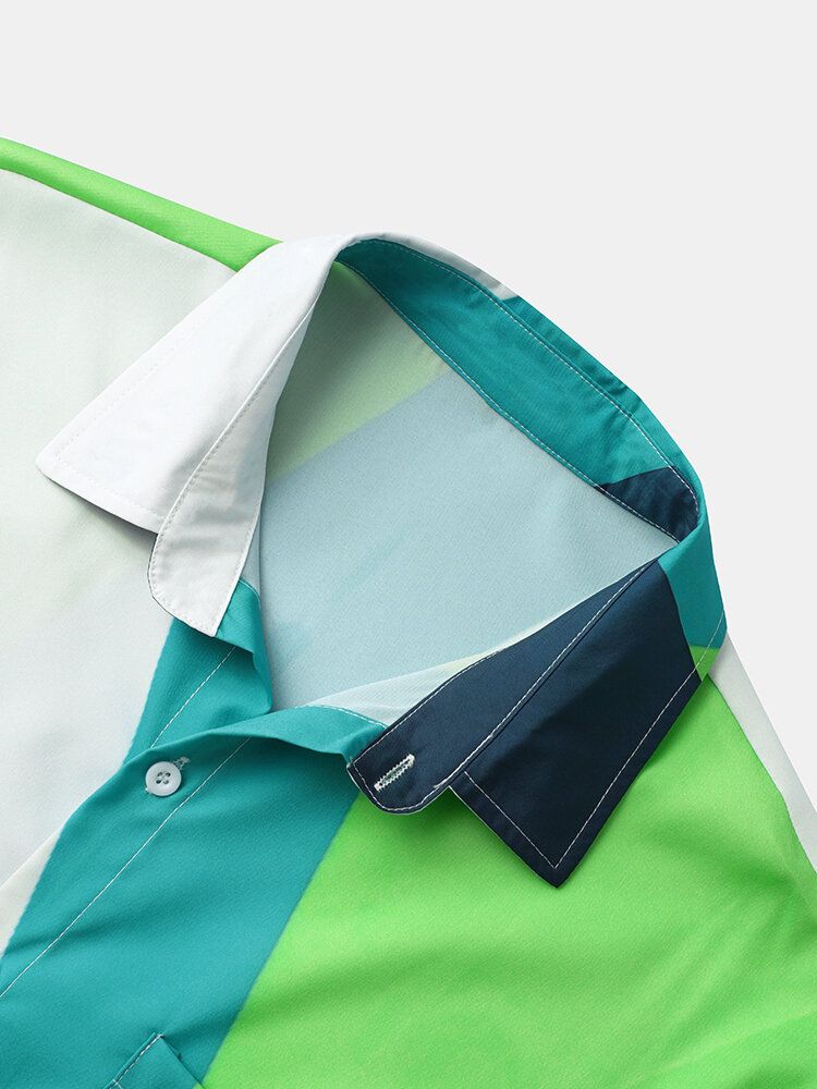 Män Geometriskt Färgblock Framknappar Mjuka Ventilerande Fritidsskjortor