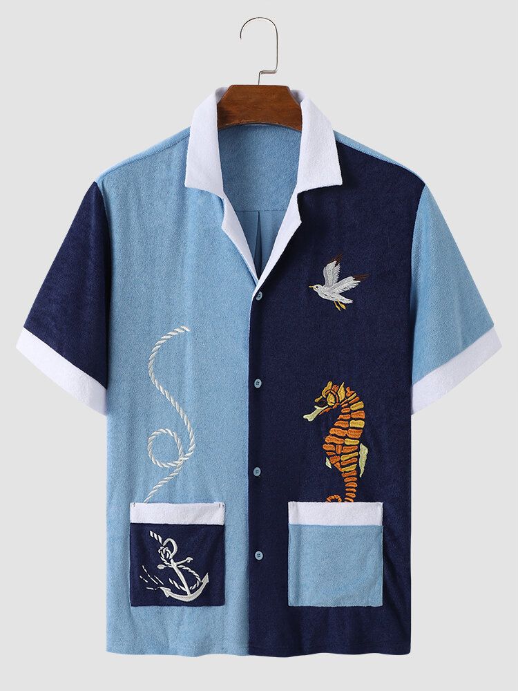 Män Handduk Patchwork Se Häst Broderade Knappar Fram Revere Collar Hawaii Skjortor