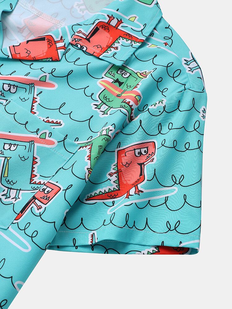 Män Roligt Dinosaurietryck Beachwear Ice Silk Comfy Revere Collar Hawaii Style Shirts