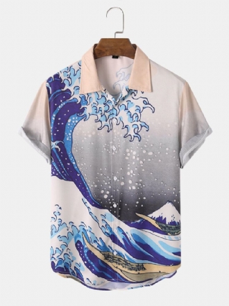 Män Ukiyoe Landskap Mountain Print Casual Lapel Casual Shirts