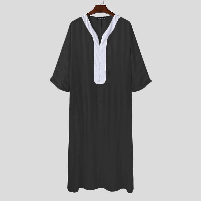 Randig V-ringad Kontrast För Män Släta Långa Casual Robe-skjortor