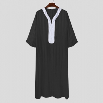 Randig V-ringad Kontrast För Män Släta Långa Casual Robe-skjortor