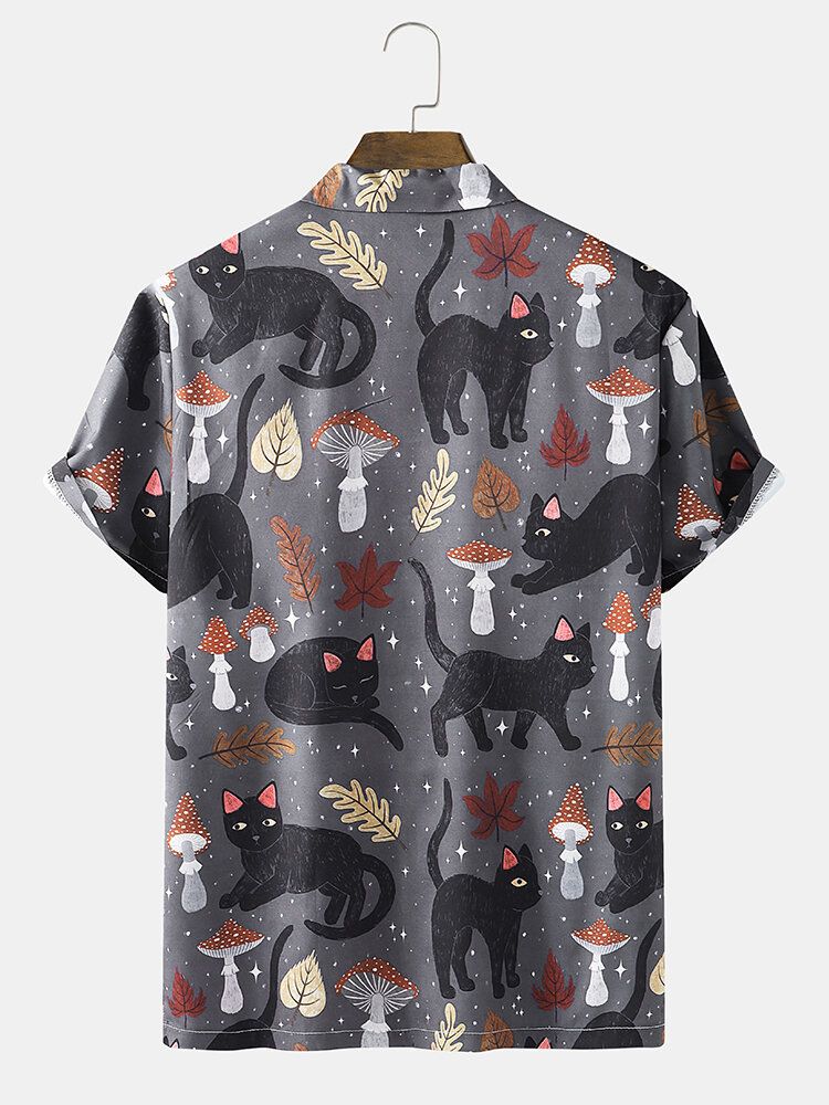 Street Cat Mushroom Print Revere Collar Shirts För Män