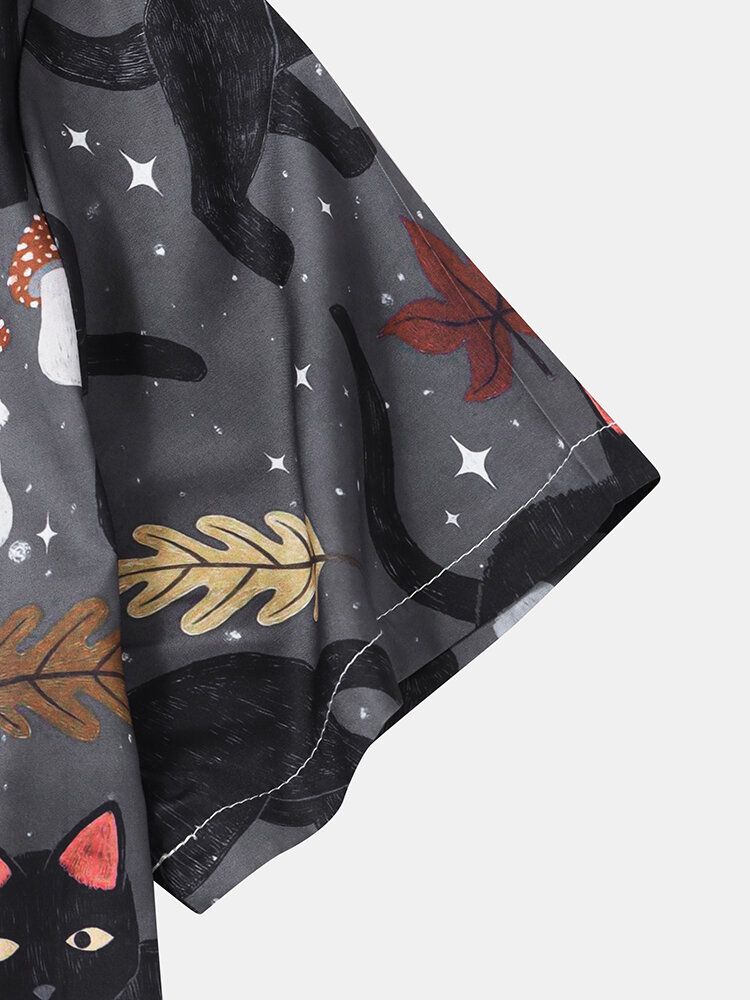 Street Cat Mushroom Print Revere Collar Shirts För Män