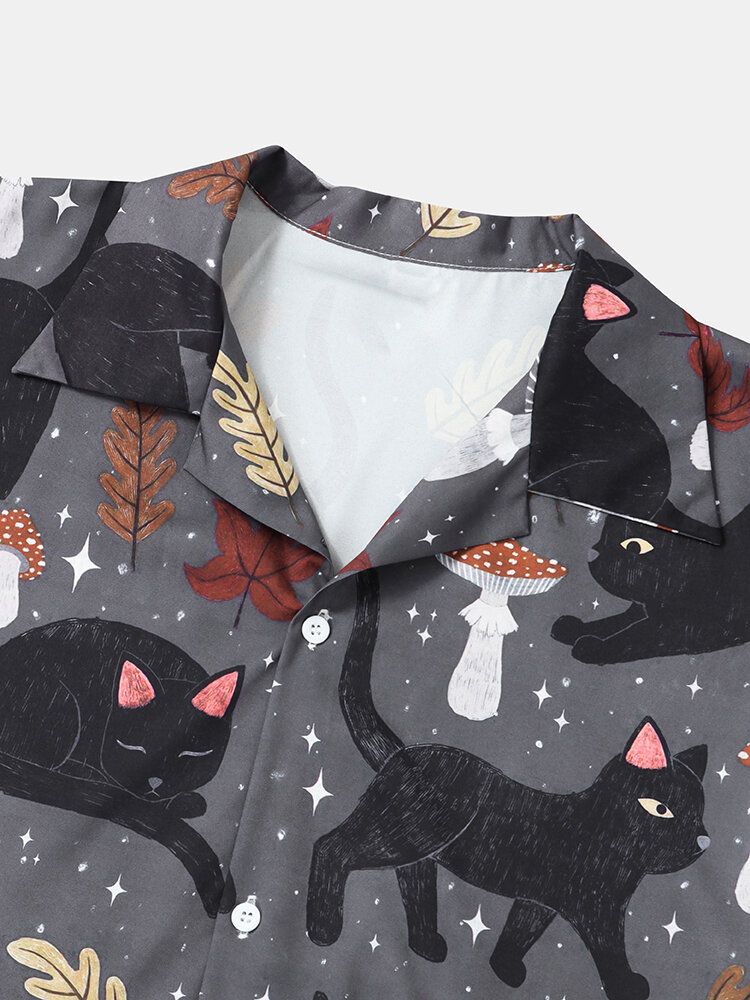 Street Cat Mushroom Print Revere Collar Shirts För Män