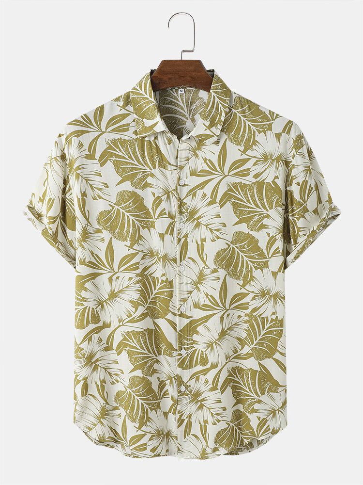 Tropical Leaf Print Button Up Holiday Kortärmade Skjortor För Män