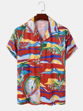 Tropical Scenery Print Revere Collar Holiday Kortärmade Skjortor För Män