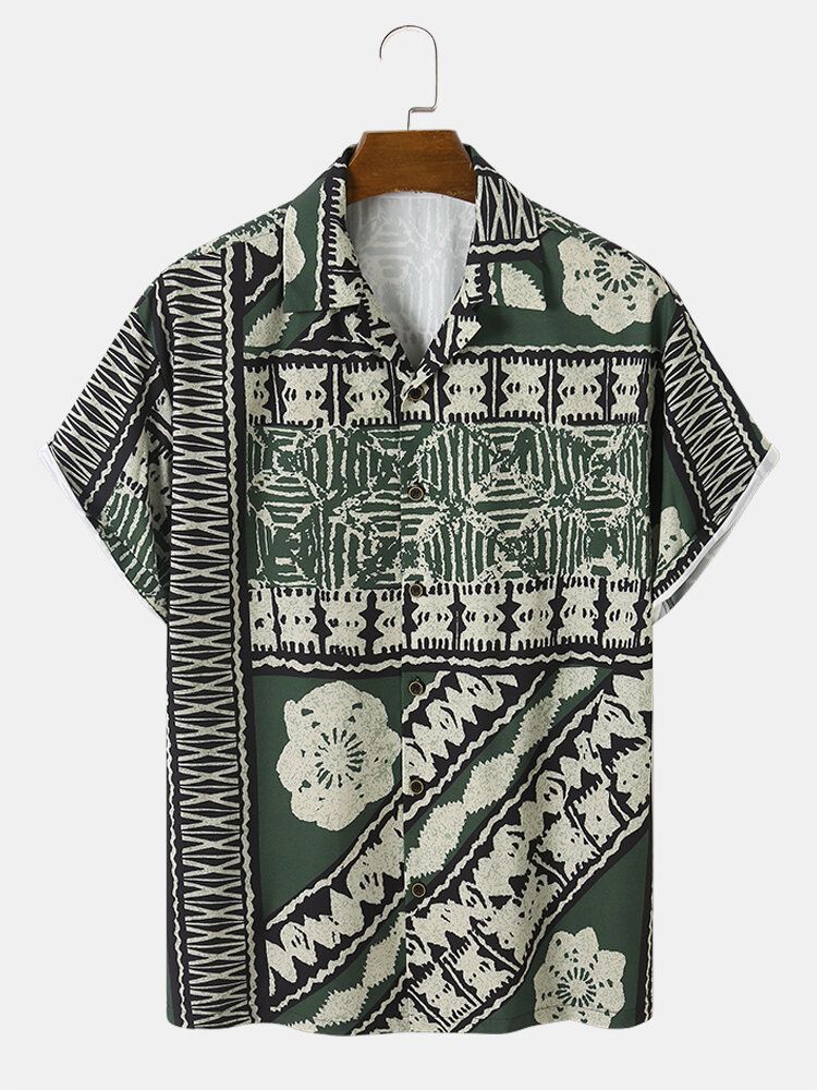 Vintage Blommigt Geotryck För Män Lägerkrage Lösa Kortärmade Skjortor