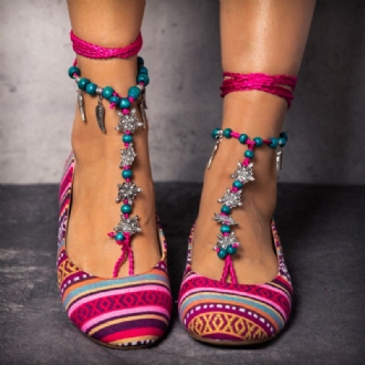 Beaded Red Chain Stripe Bekväma Bohemian Flat Loafers