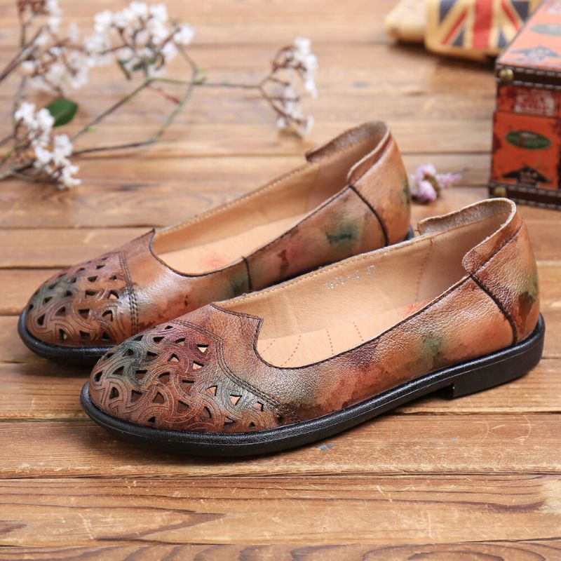 Bohemian Leather Hollow Tie-dyed Soft Casual Slip On Loafers Platta Skor