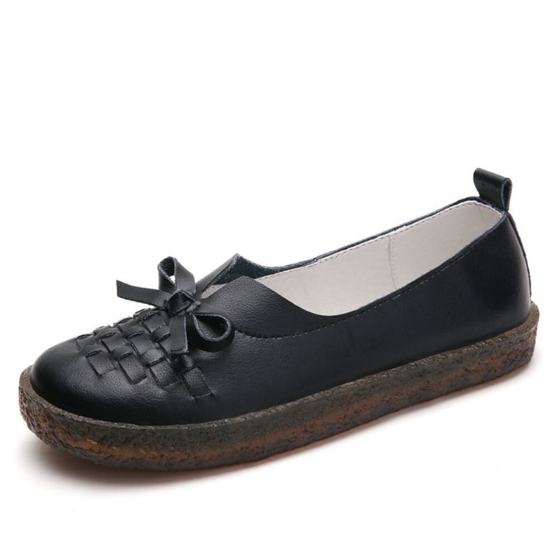 Läder Slip On Damer Enfärgad Vävd Bowknot Asakuchi Flats Loafers Skor
