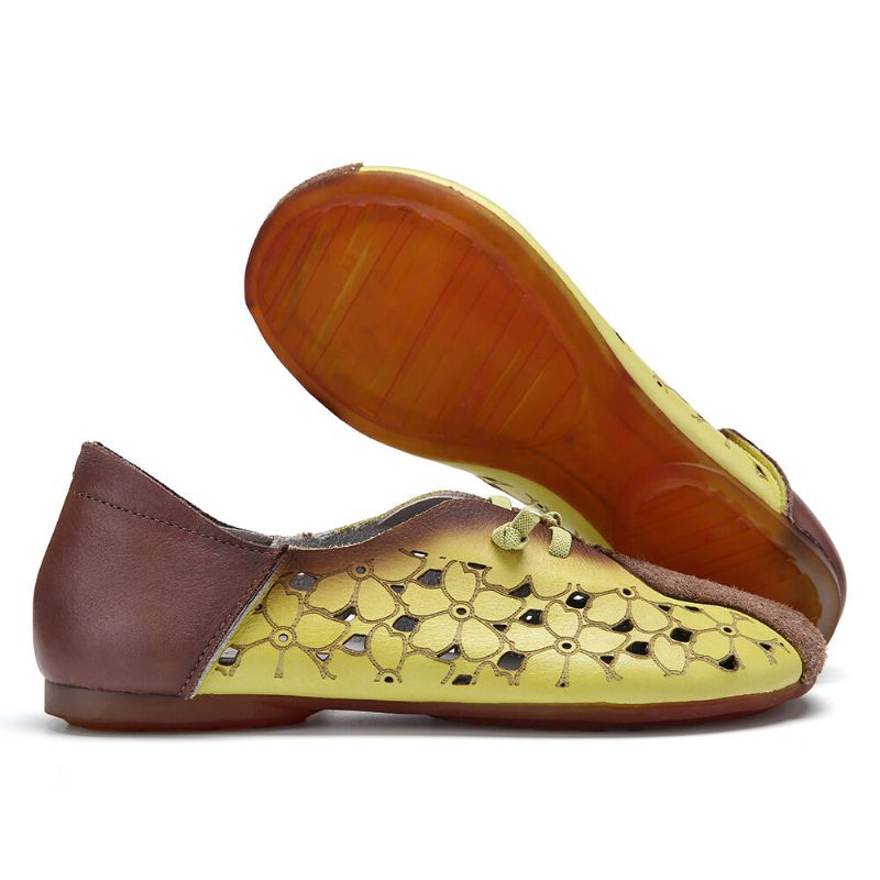 Retro Colorblock Splicing Läder Blommig Hollow Elastisk Strap Slip-on Flat Shoes