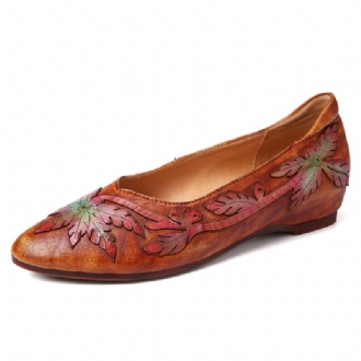 Retro Splicing Vine Comfy Äkta Läder Spetsad Tå Slip On Flat Shoes