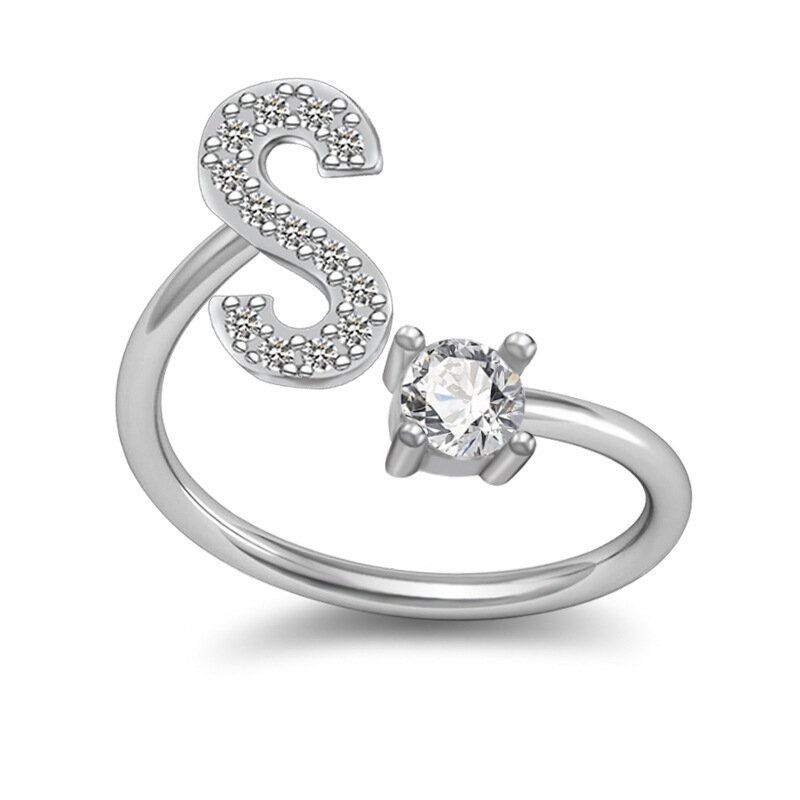 26 Bokstäver Engelsk Ring Kopparpläterad Vitguld Strassring Geometrisk Justerbar Ring