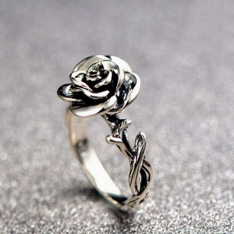 Sweet Flower Antique Silve Finger Rings Elegant Snidad Rose Flower Ring Söt Jewerly For Girl Women