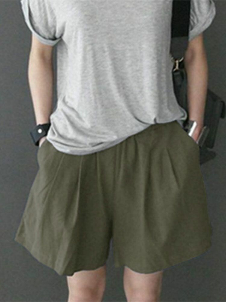 Fritids-solid Ruched Pocket Casual Bomullsshorts