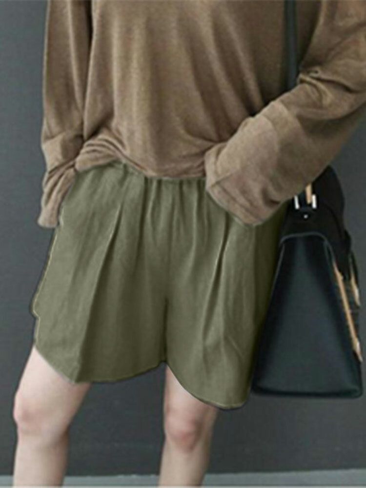 Fritids-solid Ruched Pocket Casual Bomullsshorts