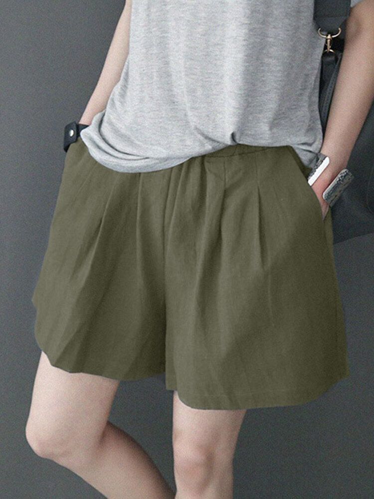 Fritids-solid Ruched Pocket Casual Bomullsshorts